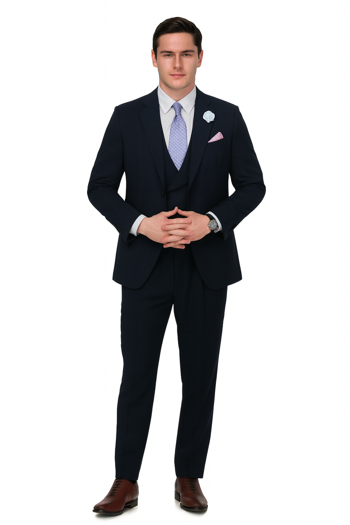 EJ Samuel Men's Navy Blue Peak Lapel 2-Button Vested Suit - Image 8