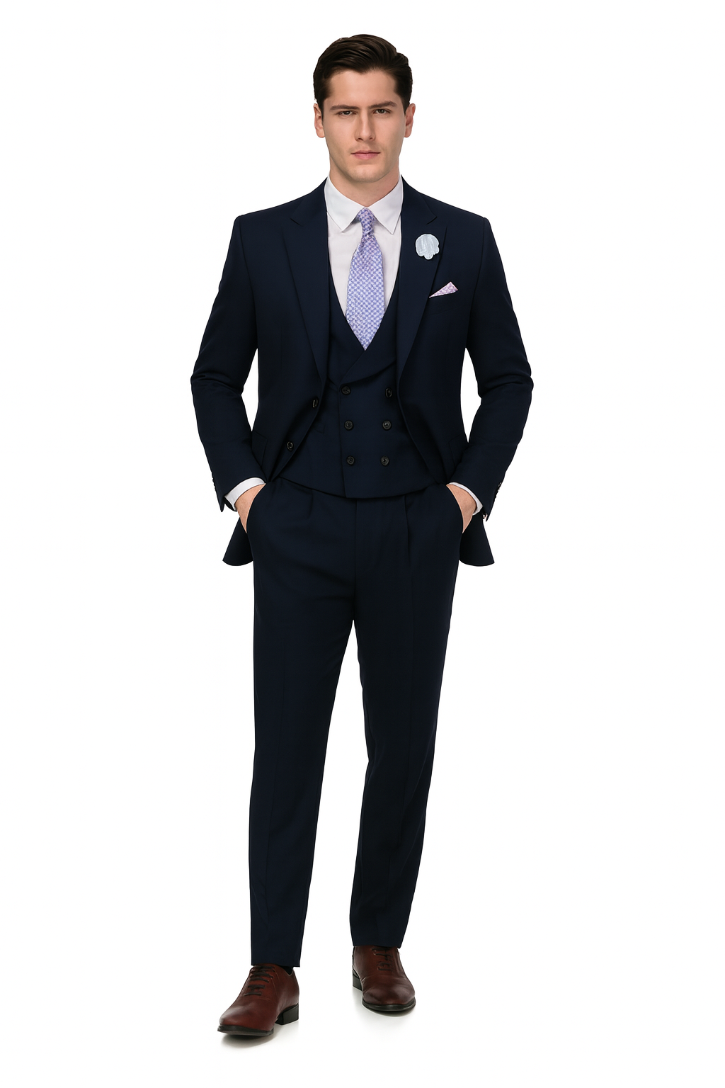 EJ Samuel Men's Navy Blue Peak Lapel 2-Button Vested Suit - Image 2