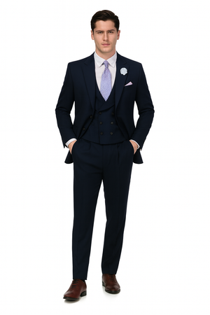 EJ Samuel Men's Navy Blue Peak Lapel 2-Button Vested Suit - Image 2