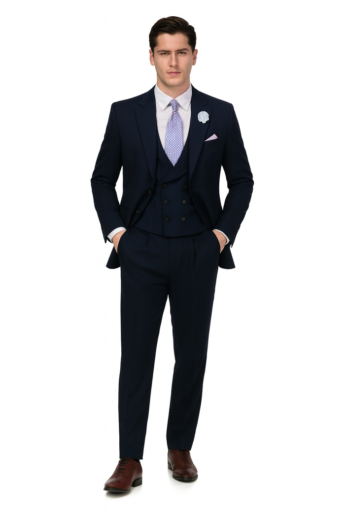 EJ Samuel Men's Navy Blue Peak Lapel 2-Button Vested Suit - Image 2