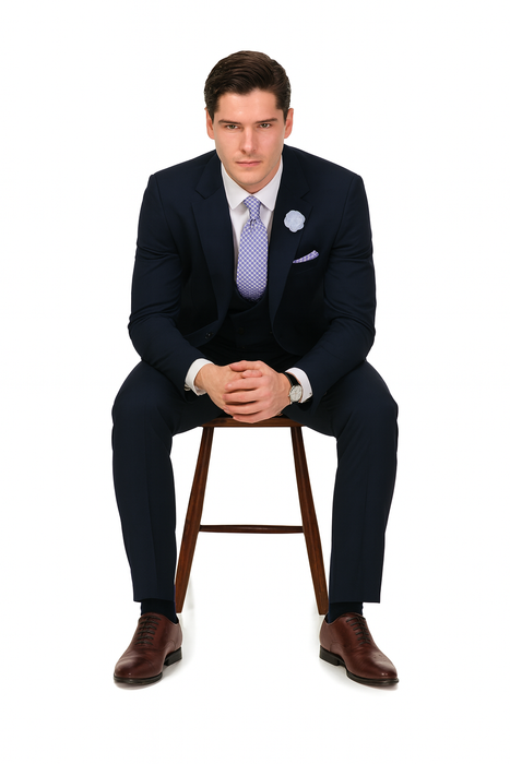 EJ Samuel Men's Navy Blue Peak Lapel 2-Button Vested Suit