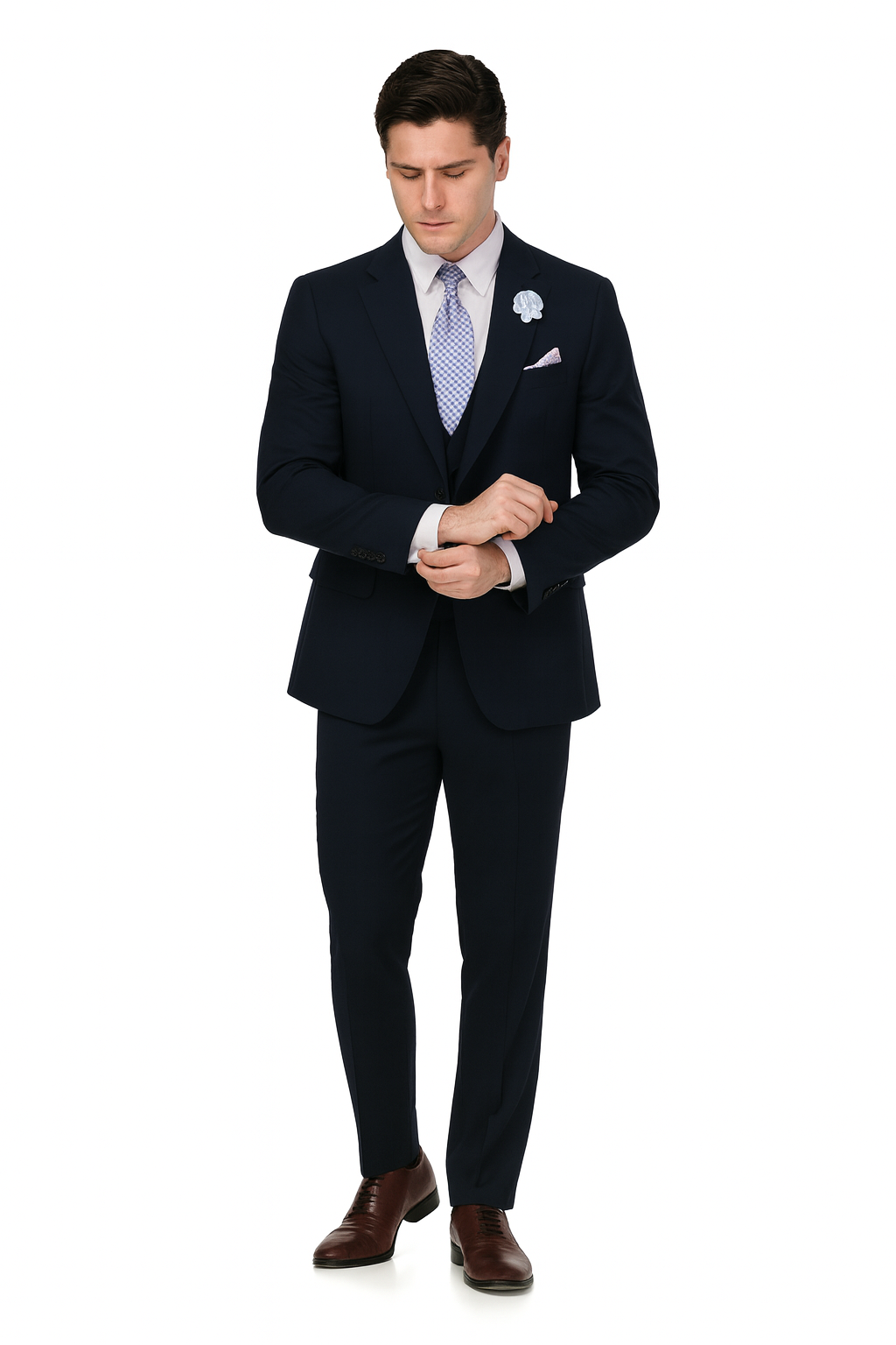EJ Samuel Men's Navy Blue Peak Lapel 2-Button Vested Suit - Image 4