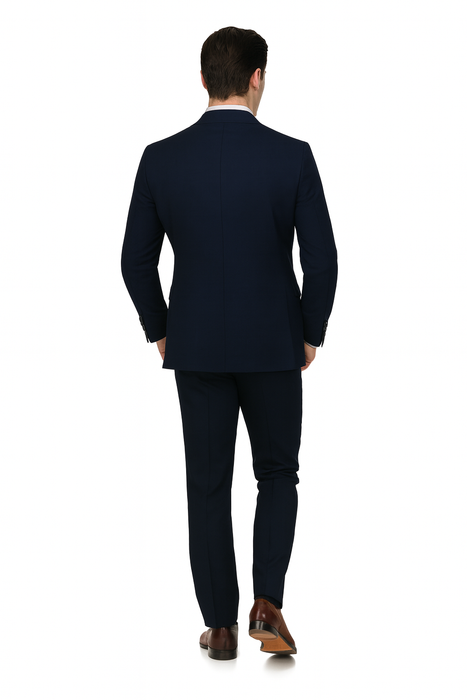 EJ Samuel Men's Navy Blue Peak Lapel 2-Button Vested Suit