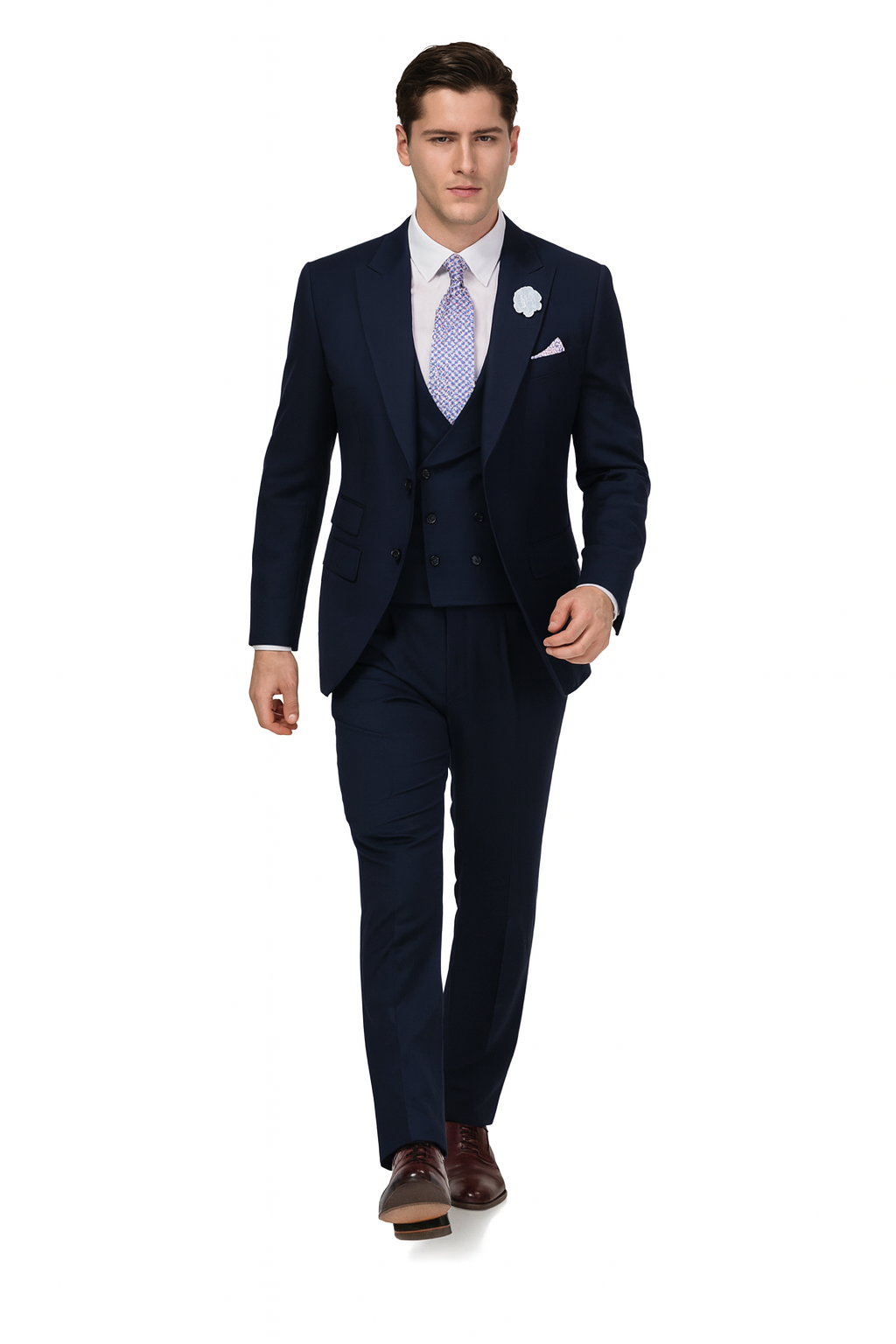 EJ Samuel Men's Navy Blue Peak Lapel 2-Button Vested Suit