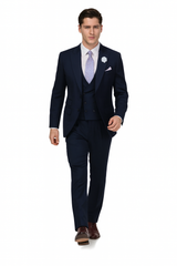 EJ Samuel Men's Navy Blue Peak Lapel 2-Button Vested Suit