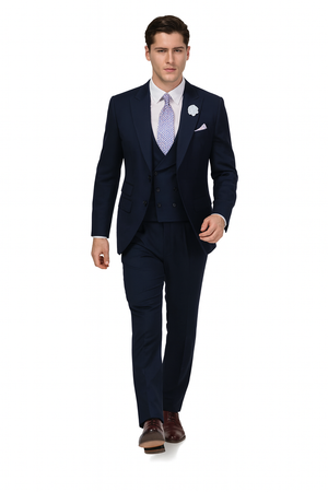 EJ Samuel Men's Navy Blue Peak Lapel 2-Button Vested Suit