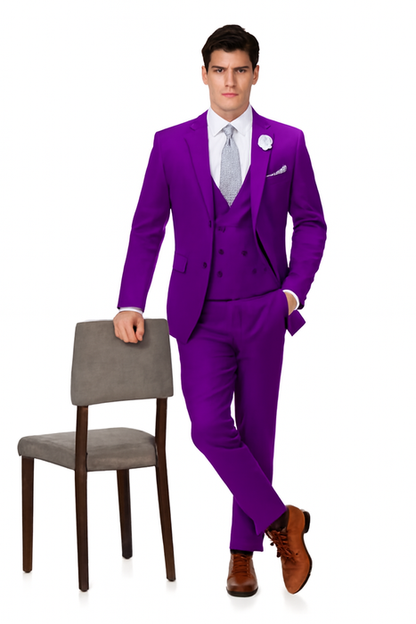 EJ Samuel Men's Purple Peak Lapel Suit with Double Breasted Vest