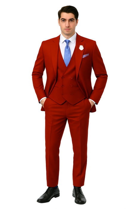 EJ Samuel Red Peak Lapel Suit with Double Breasted Vest