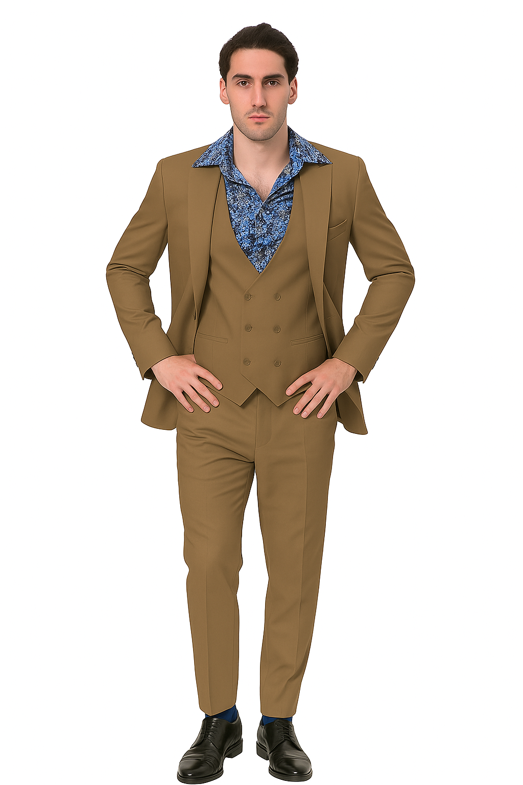 EJ Samuel Men's Modern 2-Button Tan Peak Lapel Suit with Double-Breasted Vest - Image 2
