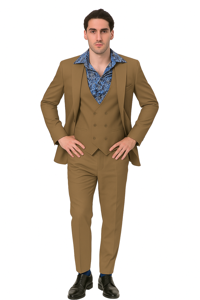 EJ Samuel Men's Modern 2-Button Tan Peak Lapel Suit with Double-Breasted Vest - Image 2
