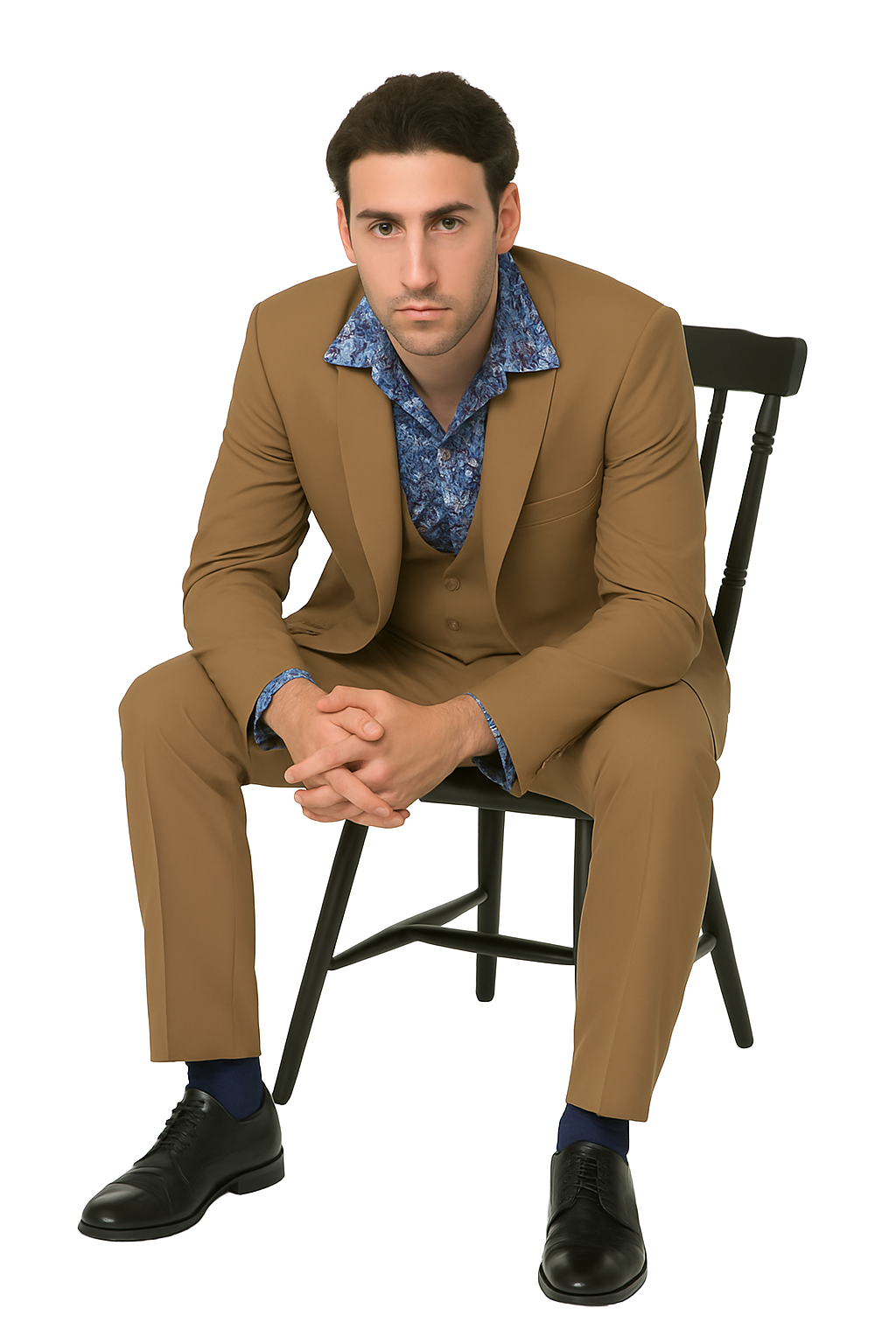 EJ Samuel Men's Modern 2-Button Tan Peak Lapel Suit with Double-Breasted Vest - Image 5