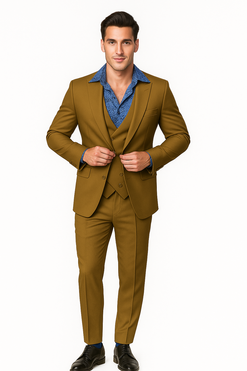 EJ Samuel Men's Modern 2-Button Tan Peak Lapel Suit with Double-Breasted Vest - Image 6