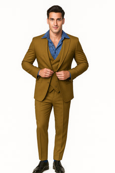 EJ Samuel Men's Modern 2-Button Tan Peak Lapel Suit with Double-Breasted Vest - Image 6