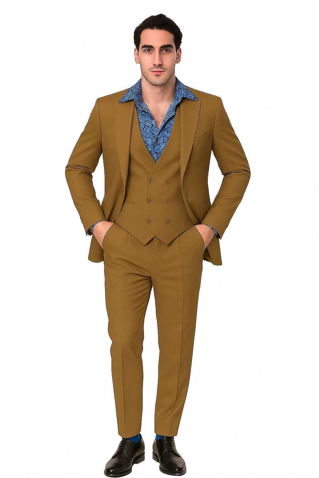 EJ Samuel Men's Modern 2-Button Tan Peak Lapel Suit with Double-Breasted Vest - Image 7