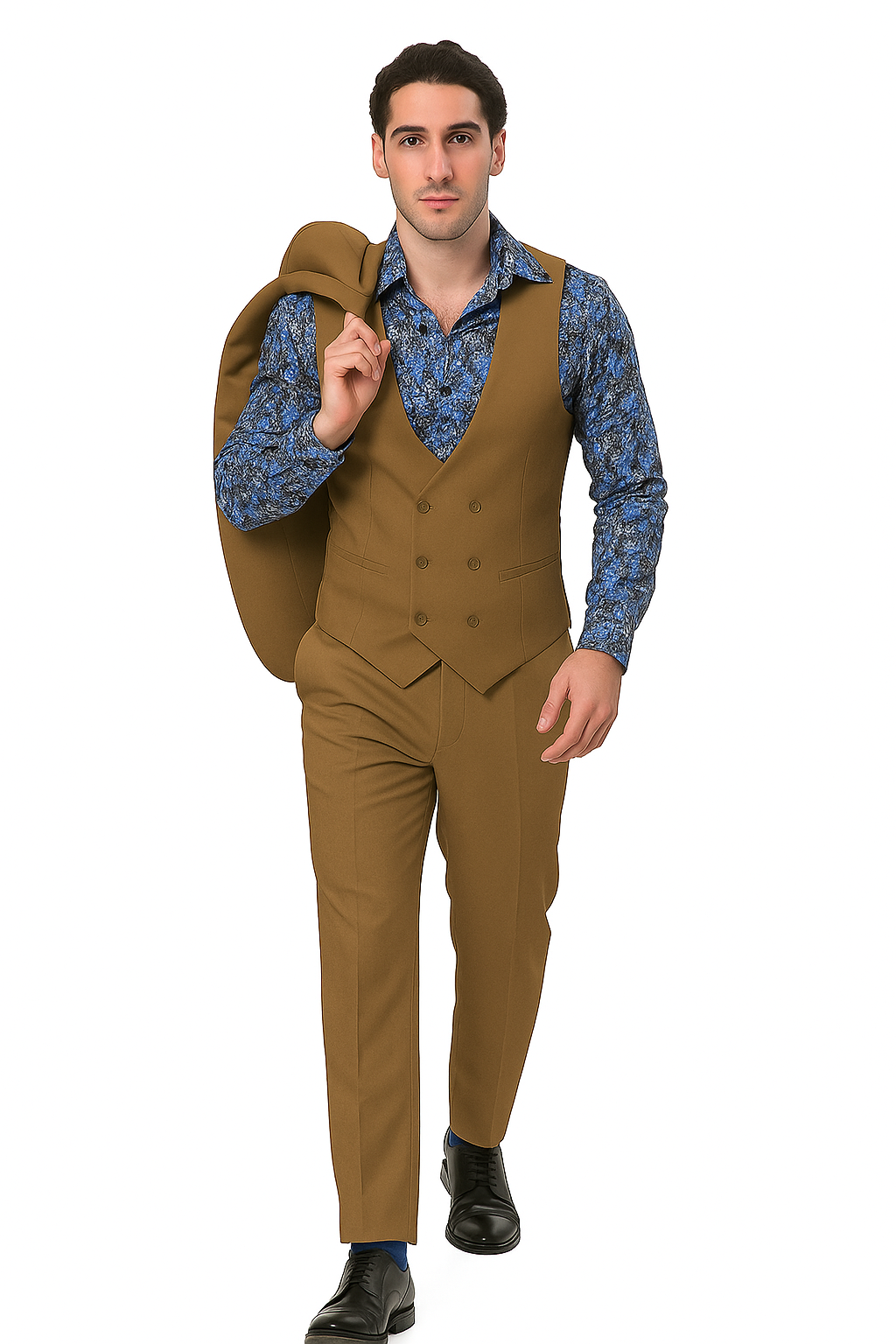 EJ Samuel Men's Modern 2-Button Tan Peak Lapel Suit with Double-Breasted Vest - Image 8