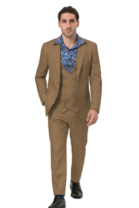 EJ Samuel Men's Modern 2-Button Tan Peak Lapel Suit with Double-Breasted Vest