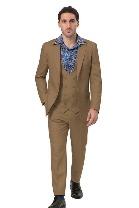 EJ Samuel Men's Modern 2-Button Tan Peak Lapel Suit with Double-Breasted Vest