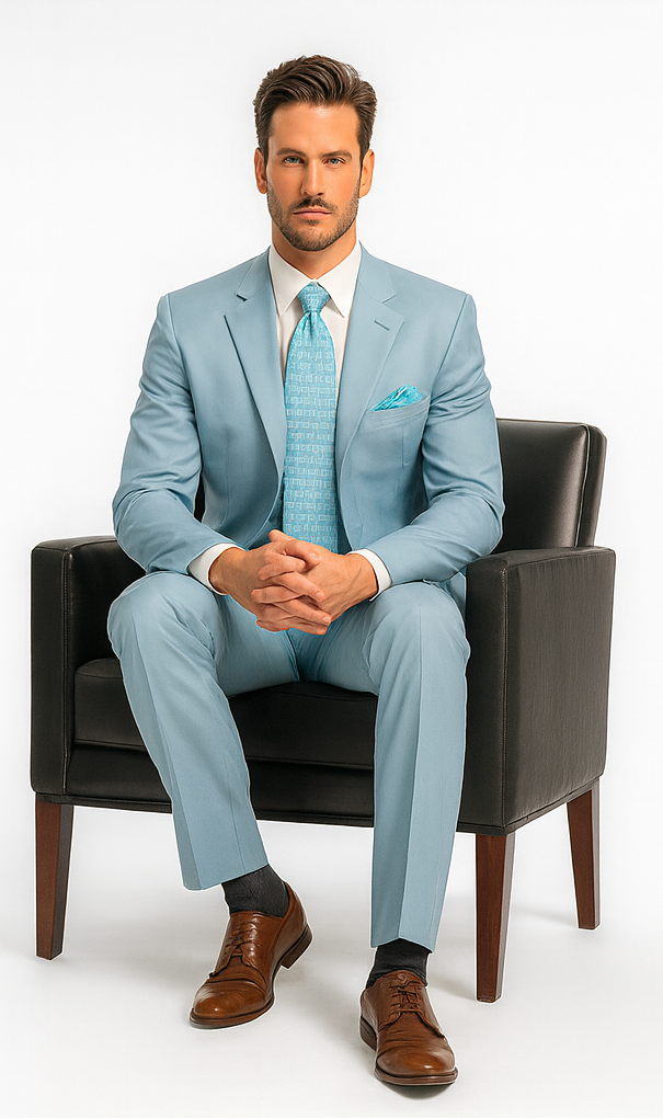 Men'S Multi-Stage Party Available In 2 Or Three ~ 3 Buttons Style Regular Classic Cut Cheap Priced Business Suits Clearance Sale Collection Light Blue ~ Sky Baby Blue - Image 4