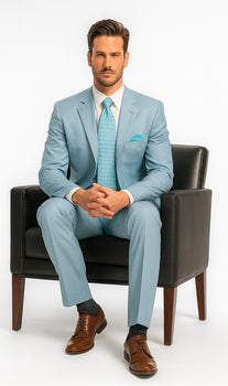 Men'S Multi-Stage Party Available In 2 Or Three ~ 3 Buttons Style Regular Classic Cut Cheap Priced Business Suits Clearance Sale Collection Light Blue ~ Sky Baby Blue - Image 4