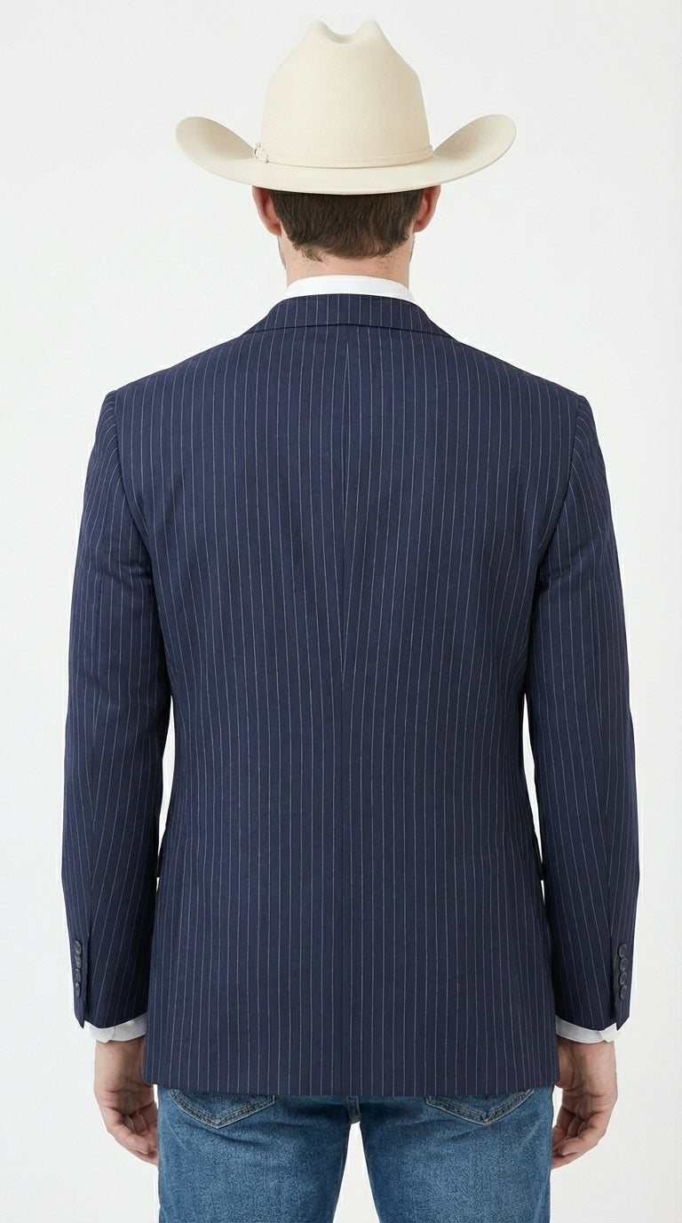Mens Navy Blue Pinstripe Western Blazer – Classic Cowboy Style Jacket for Business, Formal and Smart Casual Wear