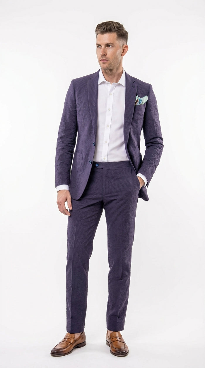 Mens Navy Blue Seersucker Suit – Cotton Fabric Shadow Pattern Ton on Tone Textured Two Button Notch Lapel Formal Summer Suit Modern Fit