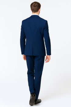 Men’s Navy Blue with Blue Trim Three-Piece Tuxedo with Satin Shawl Lapel and Bow Tie Wedding Suit