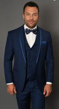 Men’s Navy Blue with Blue Trim Three-Piece Tuxedo with Satin Shawl Lapel and Bow Tie Wedding Suit