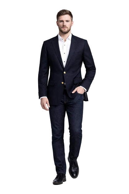 Men's Navy Blue Italian Style Blazer with Brass Buttons Classic Fit