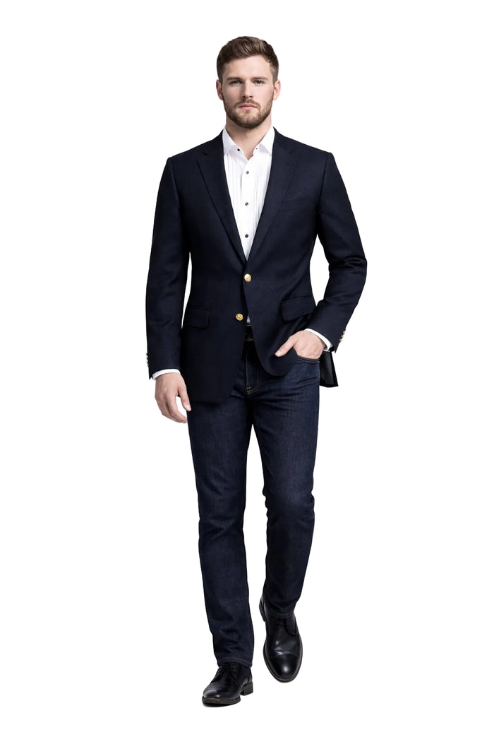 Men's Navy Blue Italian Style Blazer with Brass Buttons Classic Fit