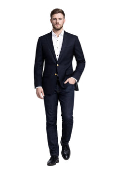Men's Navy Blue Italian Style Blazer with Brass Buttons Classic Fit