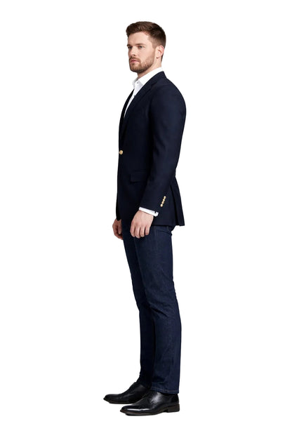 Men's Navy Blue Italian Style Blazer with Brass Buttons Classic Fit