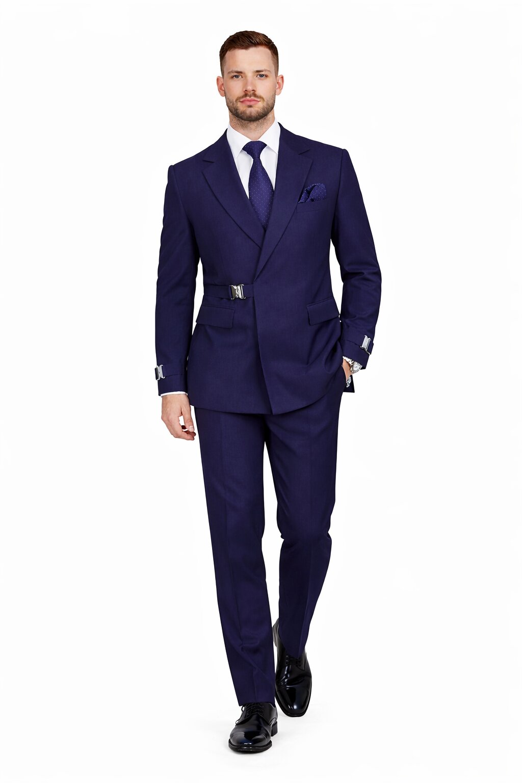 Men’s Navy Blue Double Breasted Wool Suit with Signature Buckle Closure Designer Tailored Fit Modern Fit