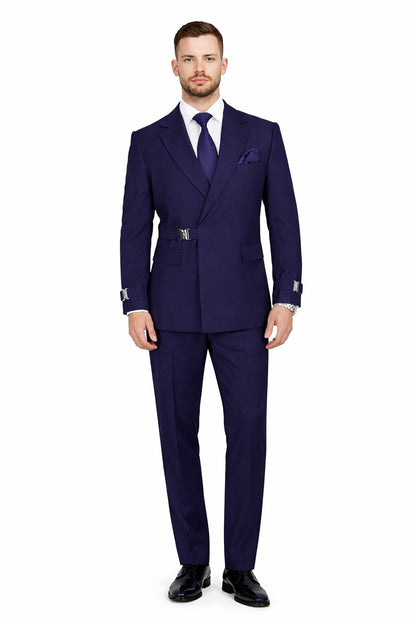 Men’s Navy Blue Double Breasted Wool Suit with Signature Buckle Closure Designer Tailored Fit Modern Fit