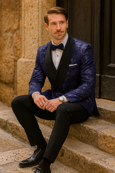 Men’s Navy Floral Jacquard Tuxedo Jacket – Double Breasted Blazer with Black Shawl Lapel