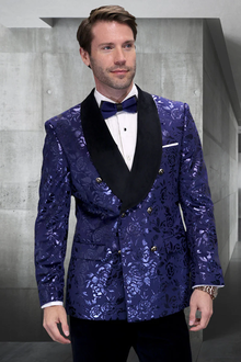 Men’s Navy Floral Jacquard Tuxedo Jacket – Double Breasted Blazer with Black Shawl Lapel