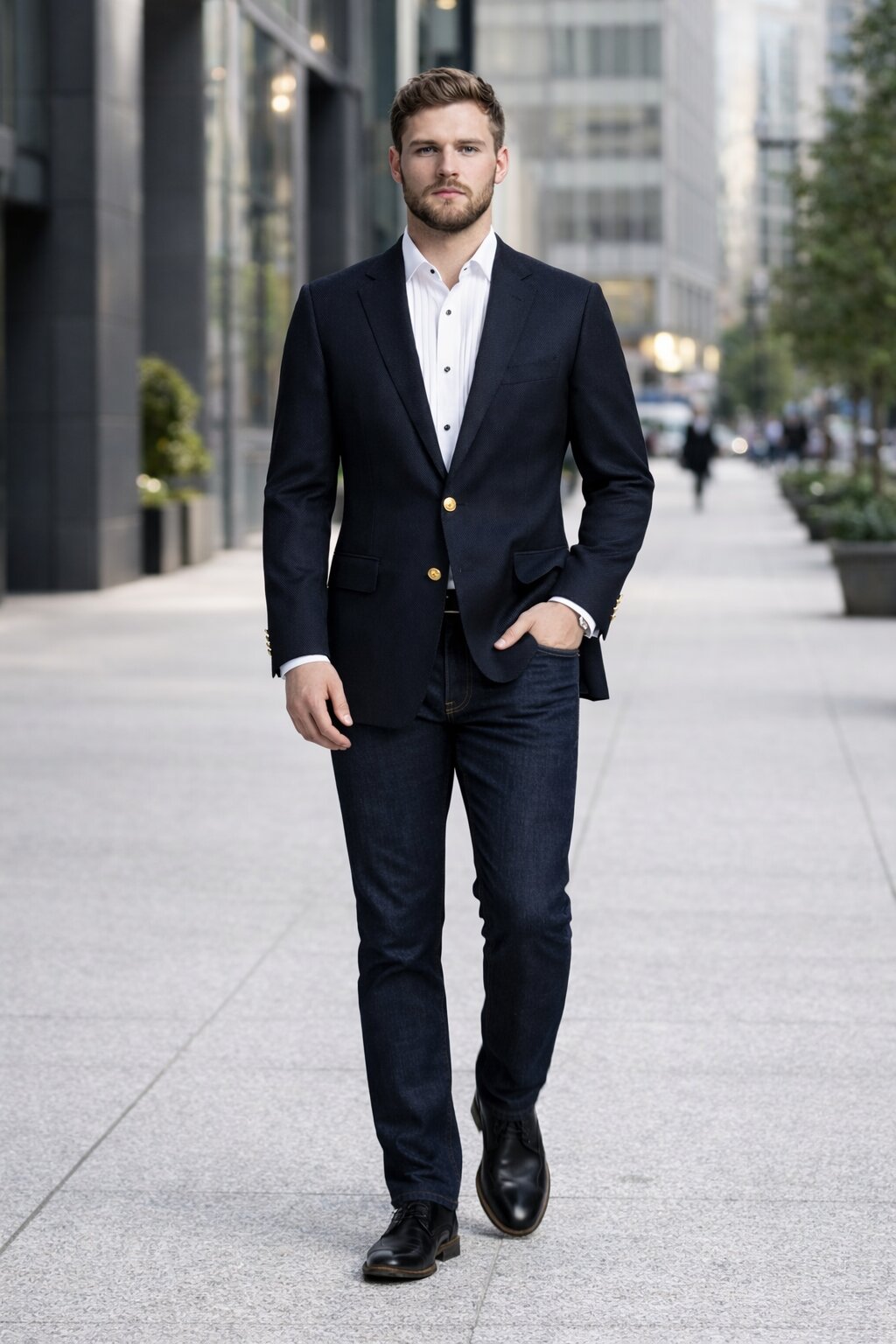 Men's Navy Blue Italian Style Blazer with Brass Buttons Classic Fit