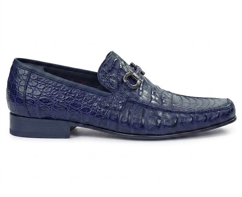 Mens Navy Genuine Caiman Crocodile Belly Slip On Boots