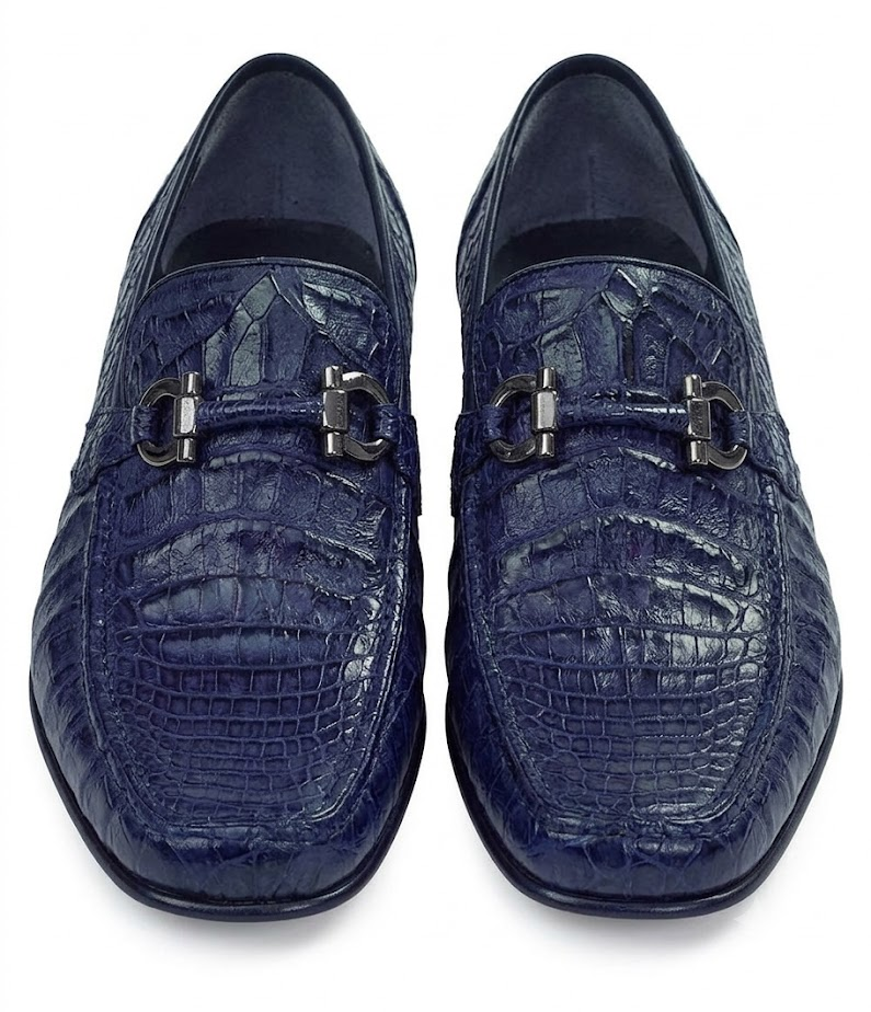 Mens Navy Genuine Caiman Crocodile Belly Slip On Boots