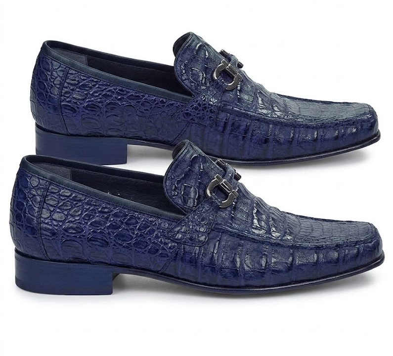 Mens Navy Genuine Caiman Crocodile Belly Slip On Boots