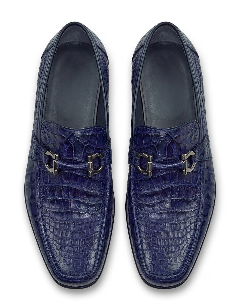 Mens Navy Genuine Caiman Crocodile Belly Slip On Boots