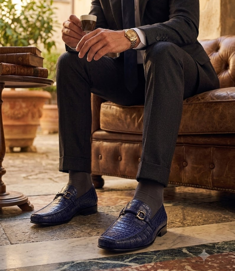 Mens Navy Genuine Caiman Crocodile Belly Slip On Boots