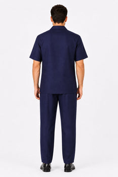 Men's Dark Navy 100% Linen Short Sleeve Plain Casual Casual Two Piece Mens Walking Outfit For Sale Pant Sets Suit With Pleated Pant - Mens Linen Suit