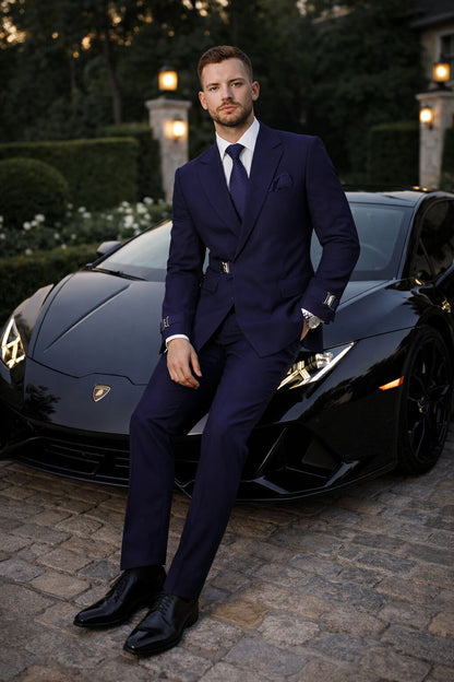 Men’s Navy Blue Double Breasted Wool Suit with Signature Buckle Closure Designer Tailored Fit Modern Fit