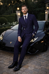 Men’s Navy Blue Double Breasted Wool Suit with Signature Buckle Closure Designer Tailored Fit