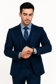 Men’s Navy Modern Fit 3-Piece Vested Suit – Premium Formal Wear for Weddings & Business