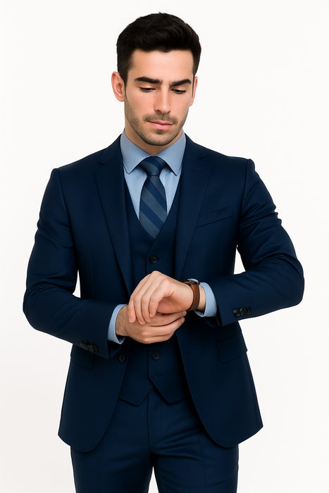 Men’s Navy Modern Fit 3-Piece Vested Suit – Premium Formal Wear for Weddings & Business