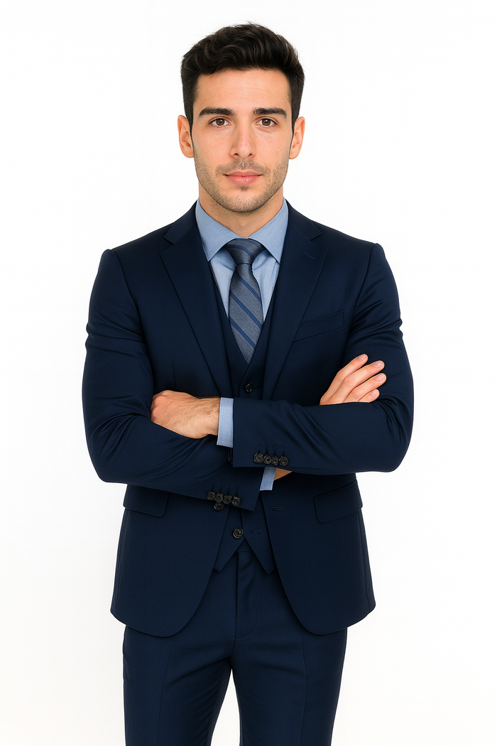 Men’s Navy Modern Fit 3-Piece Vested Suit – Premium Formal Wear for Weddings & Business