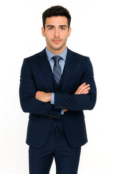 Men’s Navy Modern Fit 3-Piece Vested Suit – Premium Formal Wear for Weddings & Business