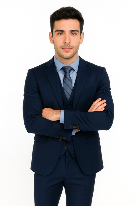 Men’s Navy Modern Fit 3-Piece Vested Suit – Premium Formal Wear for Weddings & Business