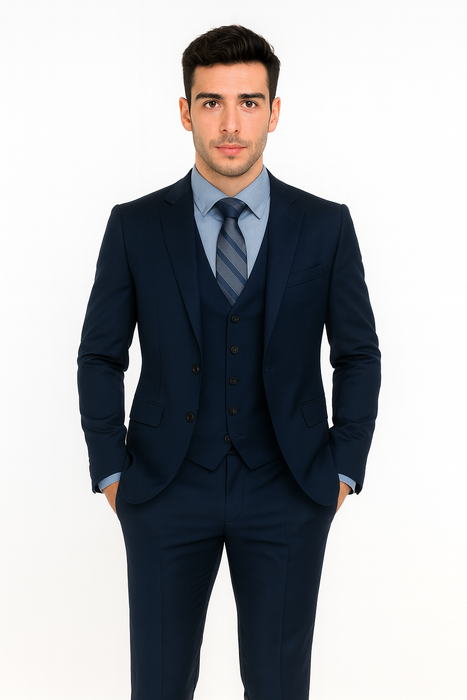 Men’s Navy Modern Fit 3-Piece Vested Suit – Premium Formal Wear for Weddings & Business